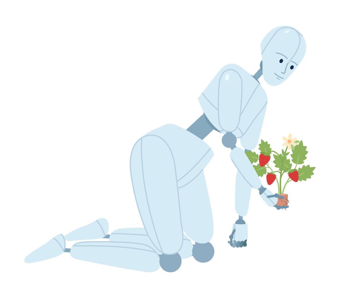 humanoïde robot jardinier semi plat Couleur vecteur personnage. propulsé par l'IA machine pour horticulture. modifiable figure sur blanche. Facile dessin animé style place illustration pour la toile graphique conception et animation