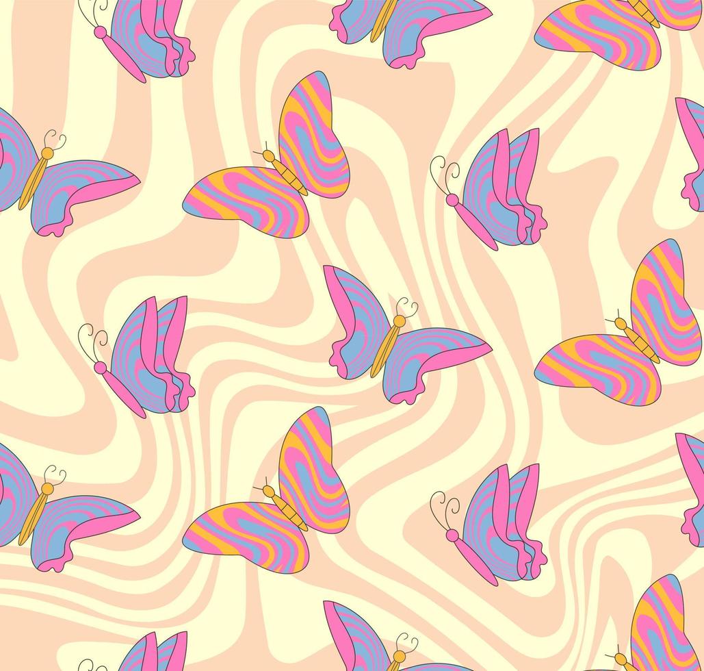 rétro modèle hippie sensationnel papillon sur Jaune abstrait vague Contexte. sans couture bleu papillon. vecteur
