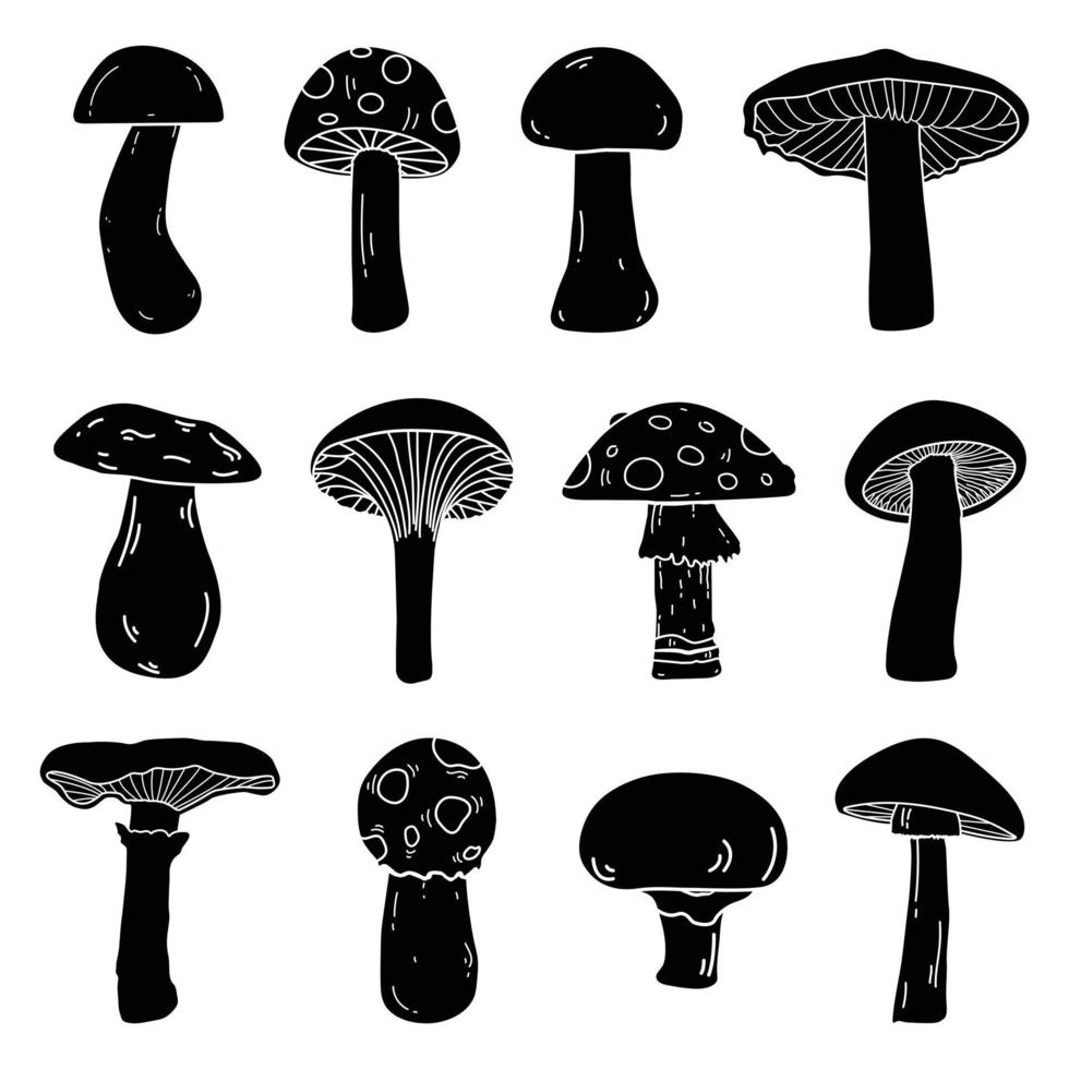 champignon noir silhouette ensemble, vecteur illustration