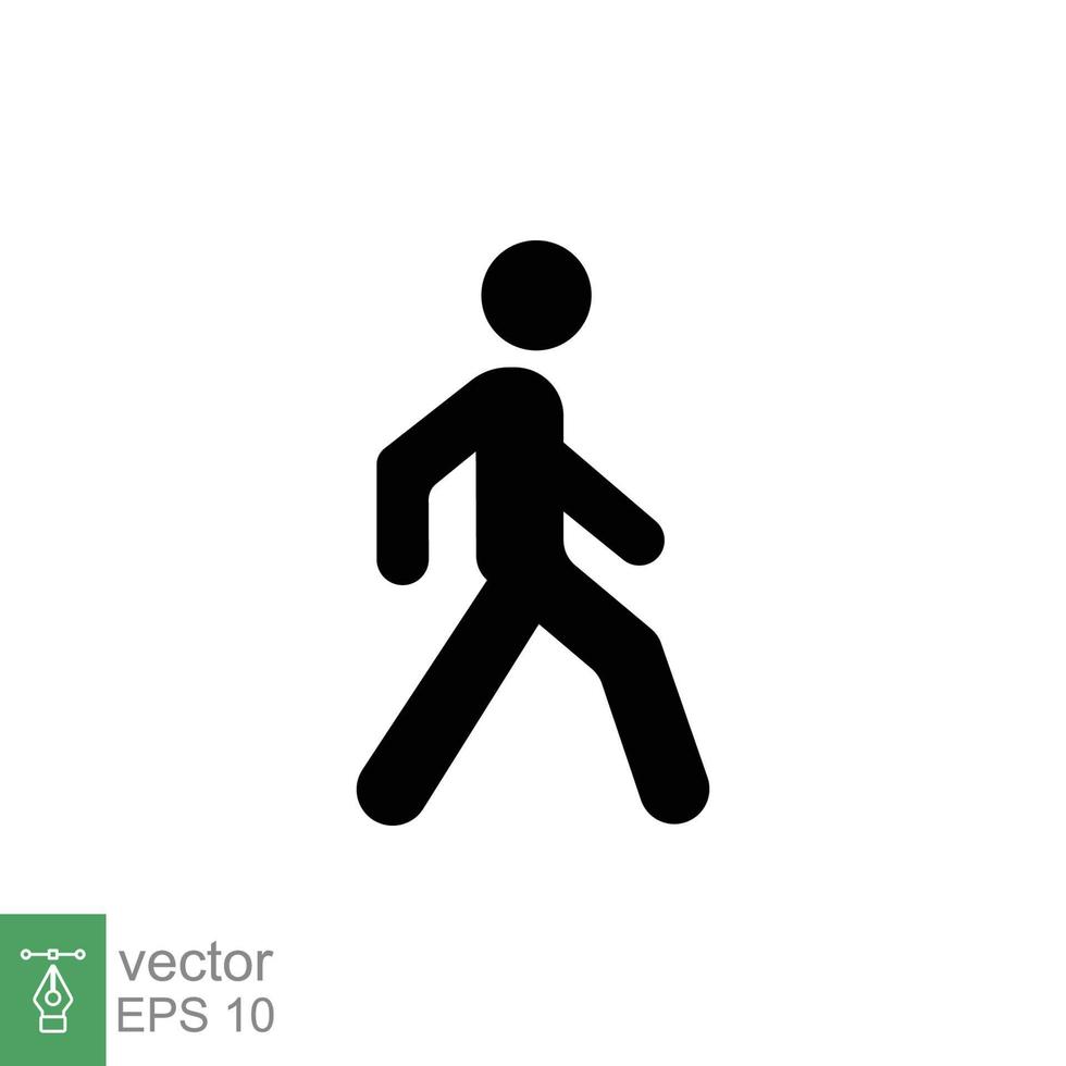 marcher icône. Facile solide style. piéton, en marchant homme, pictogramme, humain, côté, passerelle concept. noir silhouette, glyphe symbole. vecteur illustration isolé sur blanc Contexte. eps dix.