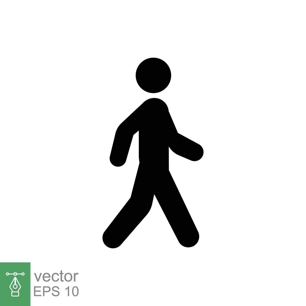 marcher icône. Facile solide style. piéton, en marchant homme, pictogramme, humain, côté, passerelle concept. noir silhouette, glyphe symbole. vecteur illustration isolé sur blanc Contexte. eps dix.