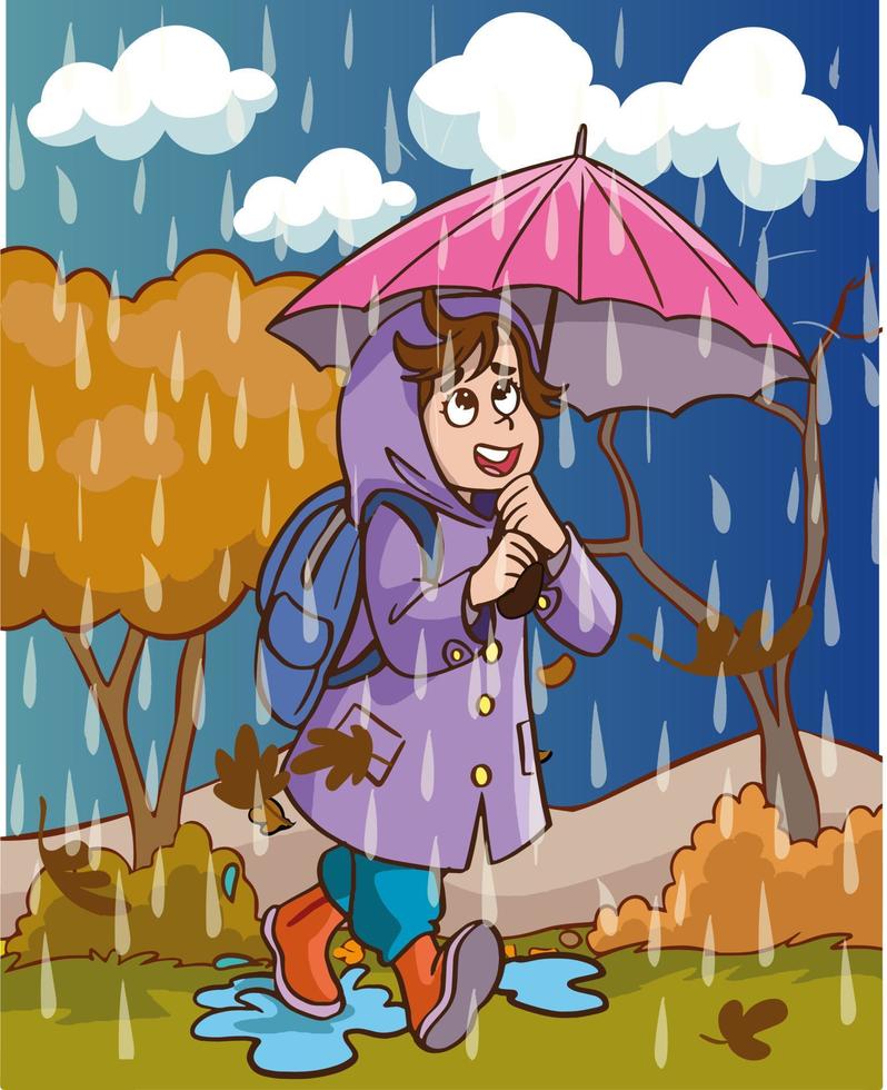 mignonne fille en marchant dans le pluie dessin animé vecteur