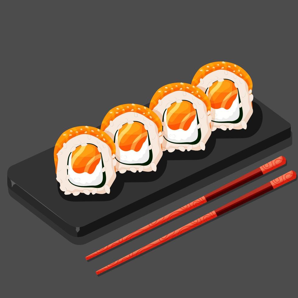 ensemble de sashimi avec Saumon sur le cassé pierre plateau. assiette avec dessin animé vecteur Rouleaux avec chopstikcs