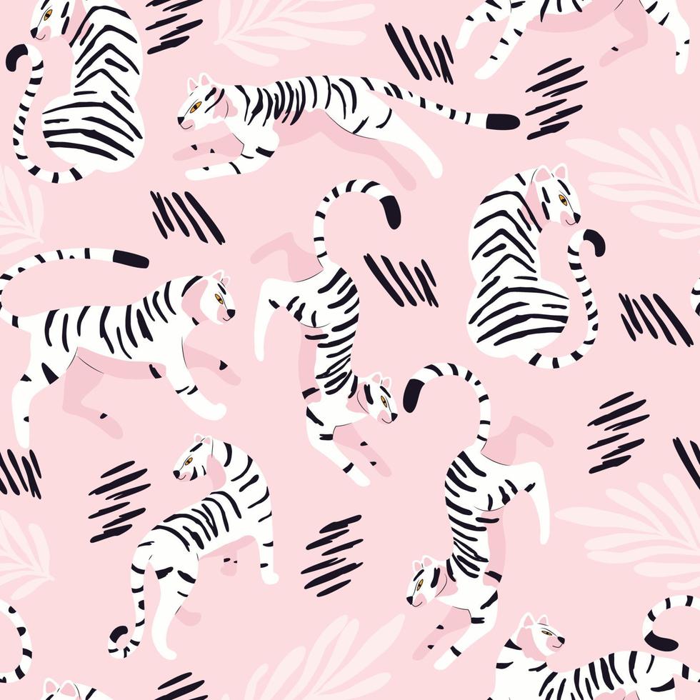 sans couture modèle avec main tiré exotique gros chat blanc tigre, avec tropical les plantes et abstrait éléments sur lumière rose Contexte. coloré plat vecteur illustration