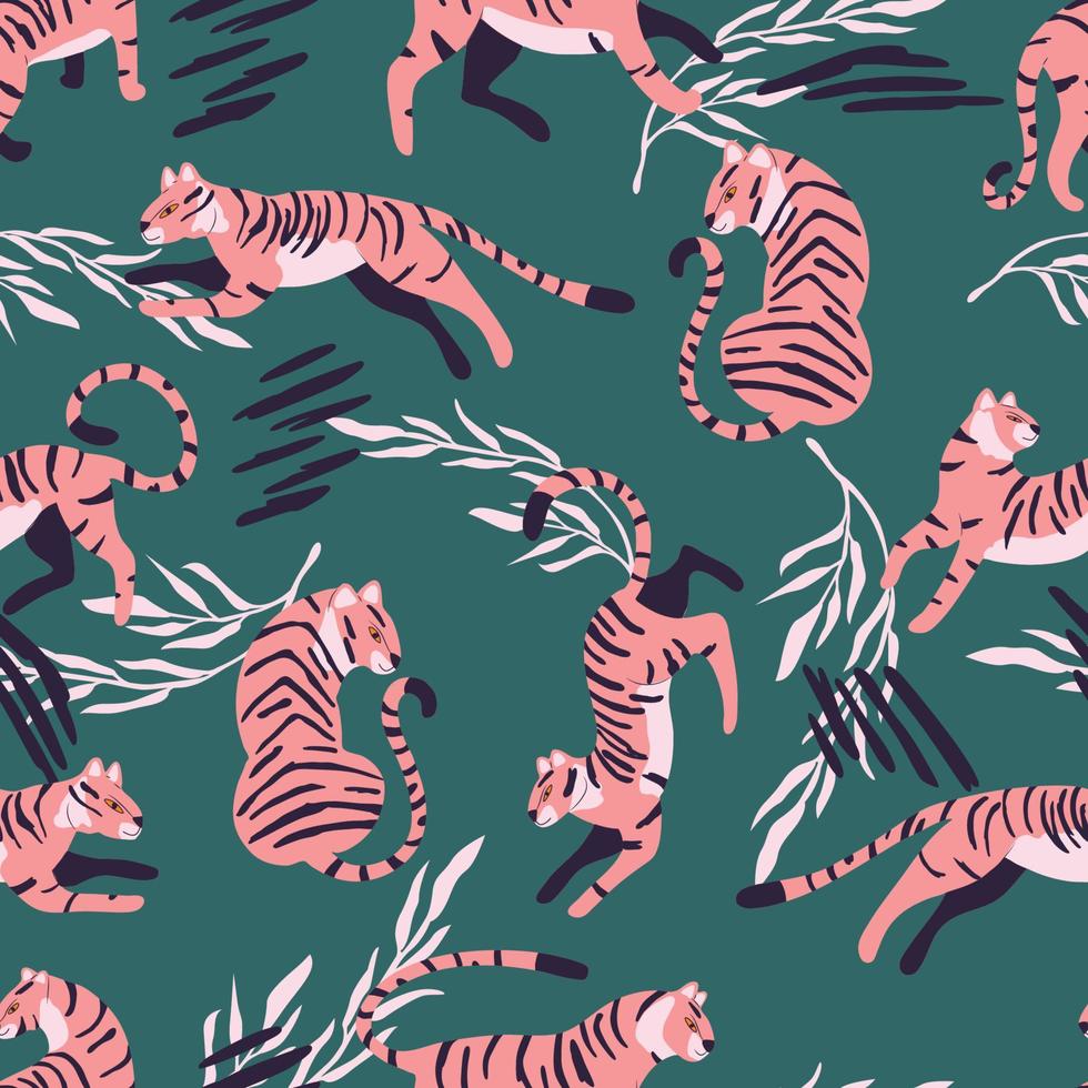 sans couture modèle avec main tiré exotique gros chat rose tigre, avec tropical les plantes et abstrait éléments sur vert Contexte. coloré plat vecteur illustration