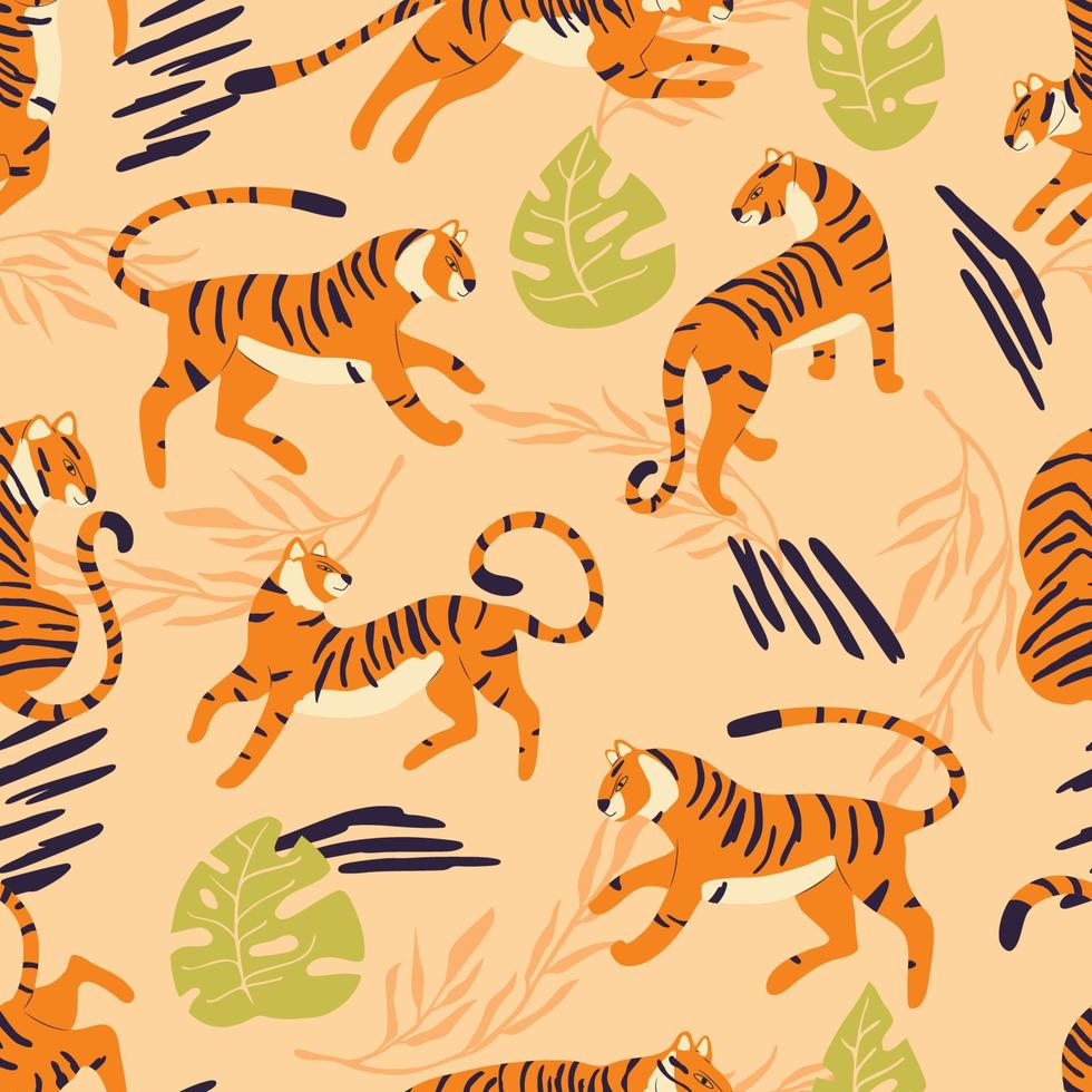 sans couture modèle avec main tiré exotique gros chat tigre, avec tropical les plantes et abstrait éléments sur lumière marron Contexte. coloré plat vecteur illustration