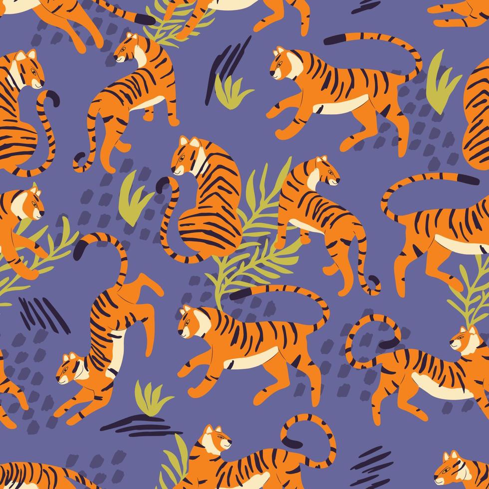 sans couture modèle avec main tiré exotique gros chat tigre, avec tropical les plantes et abstrait éléments sur violet Contexte. coloré plat vecteur illustration