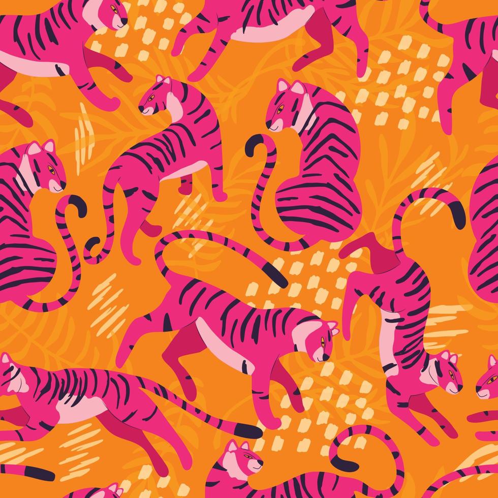 sans couture modèle avec main tiré exotique gros chat tigre, dans brillant rose, avec tropical les plantes et abstrait éléments sur vibrant Orange Contexte. coloré plat vecteur illustration