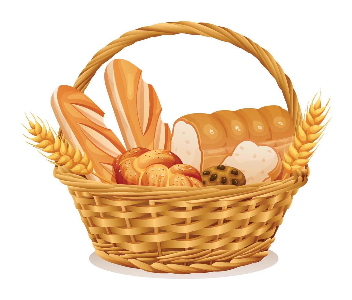 osier panier avec boulangerie illustration. panier avec blé et Frais pain isolé sur blanc Contexte vecteur
