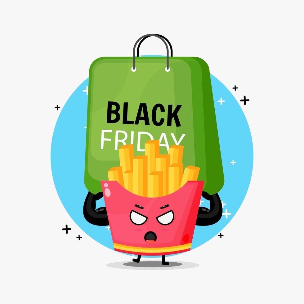 Jolie mascotte de frites portant un sac du vendredi noir vecteur