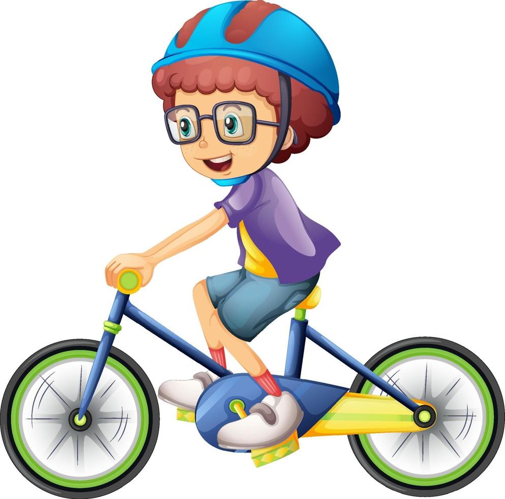 Un garçon monté sur un personnage de dessin animé de vélo isolé sur fond blanc vecteur