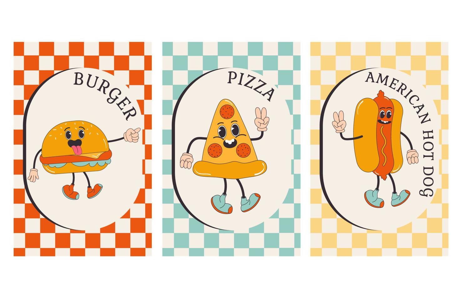 vite nourriture affiche ensemble dans branché sensationnel style. marrant vecteur nourriture personnage et mascotte. Burger, pizza, chaud chien.