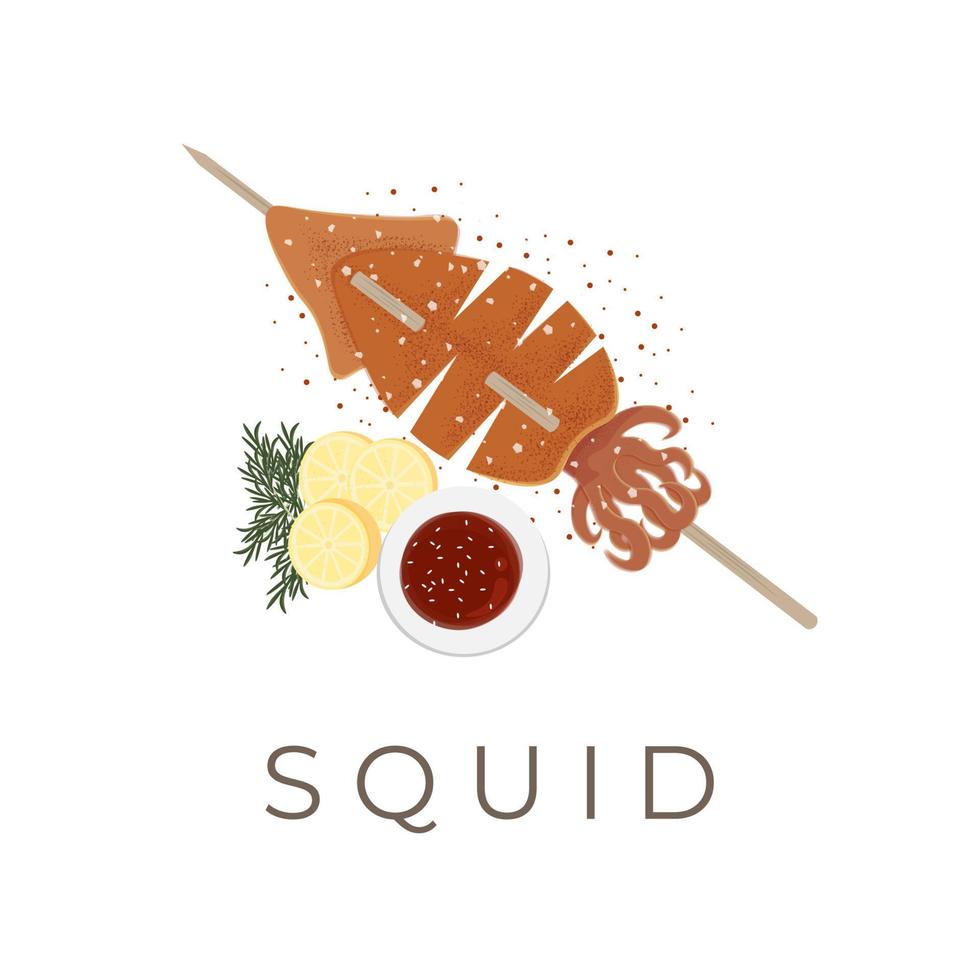 rue nourriture vecteur illustration logo grillé calamar avec brochette