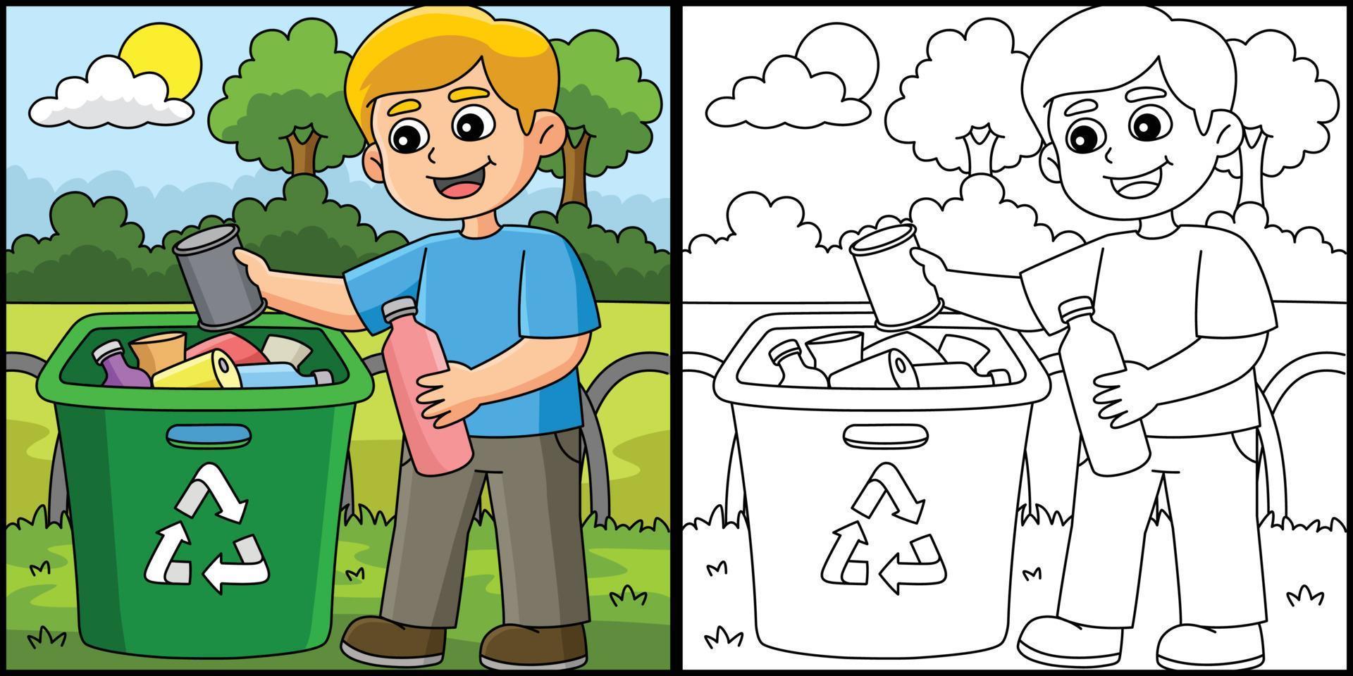 garçon recyclage coloration page coloré illustration vecteur