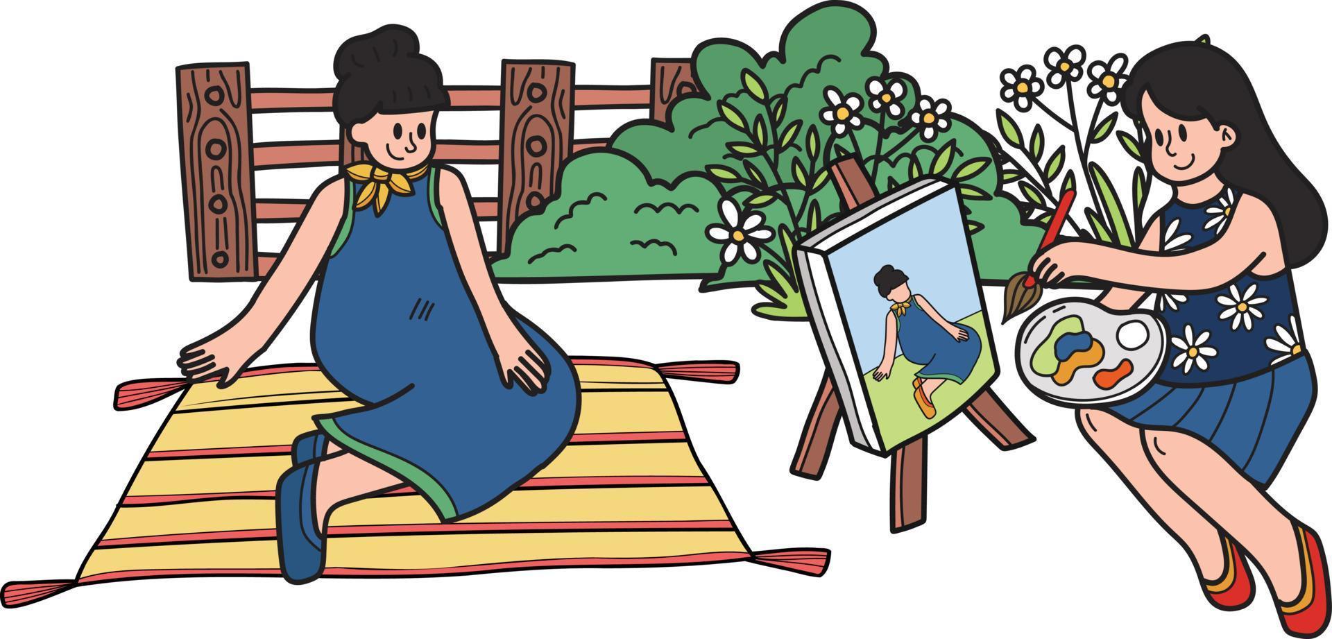 Jeune femme séance et dessin dans le parc illustration dans griffonnage style vecteur