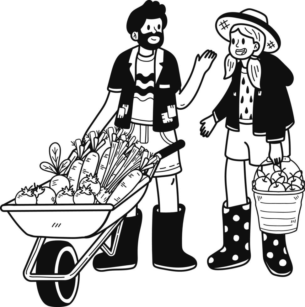 jardinier avec une Chariot avec des légumes illustration dans griffonnage style vecteur