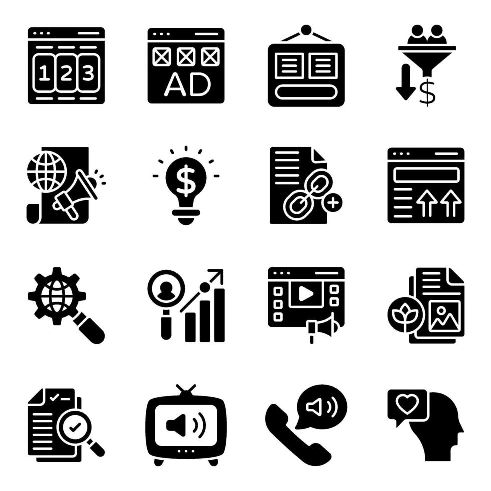 pack d'icônes solides de marketing numérique vecteur
