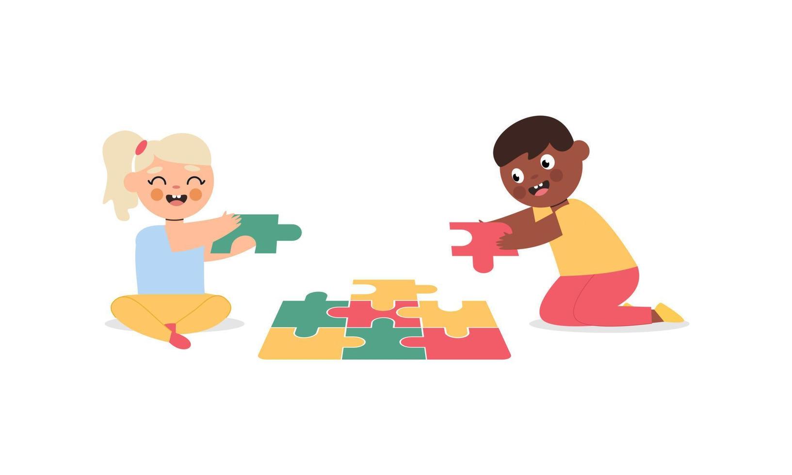 content mignonne peu enfant garçon et fille jouer ensemble pour faire une gros puzzle illustration vecteur