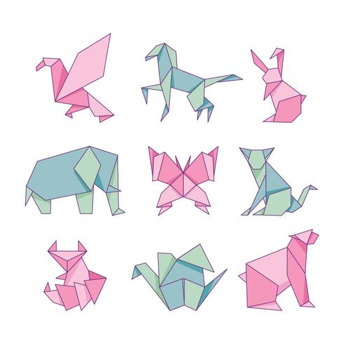 Jeu de papier origami animaux isolé sur fond blanc vecteur