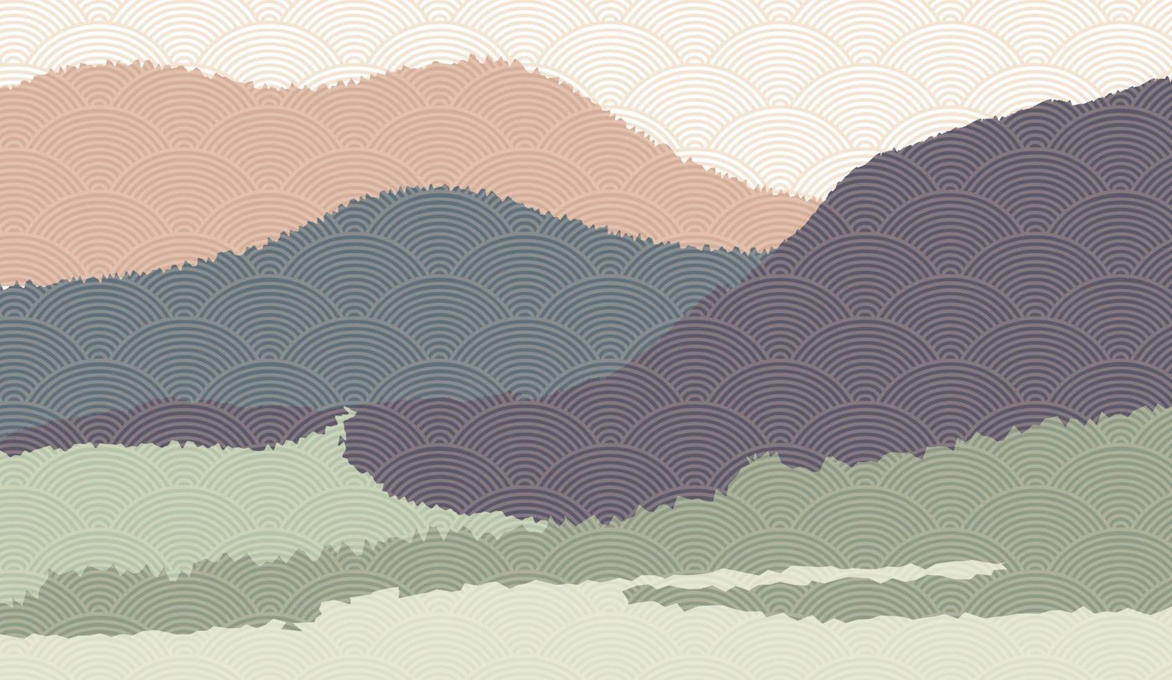 fond de paysage avec des paysages de montagne décorés avec un motif de vagues japonaises. illustration vectorielle du thème de voyage et d & # 39; aventure avec paysage de nature abstraite vecteur