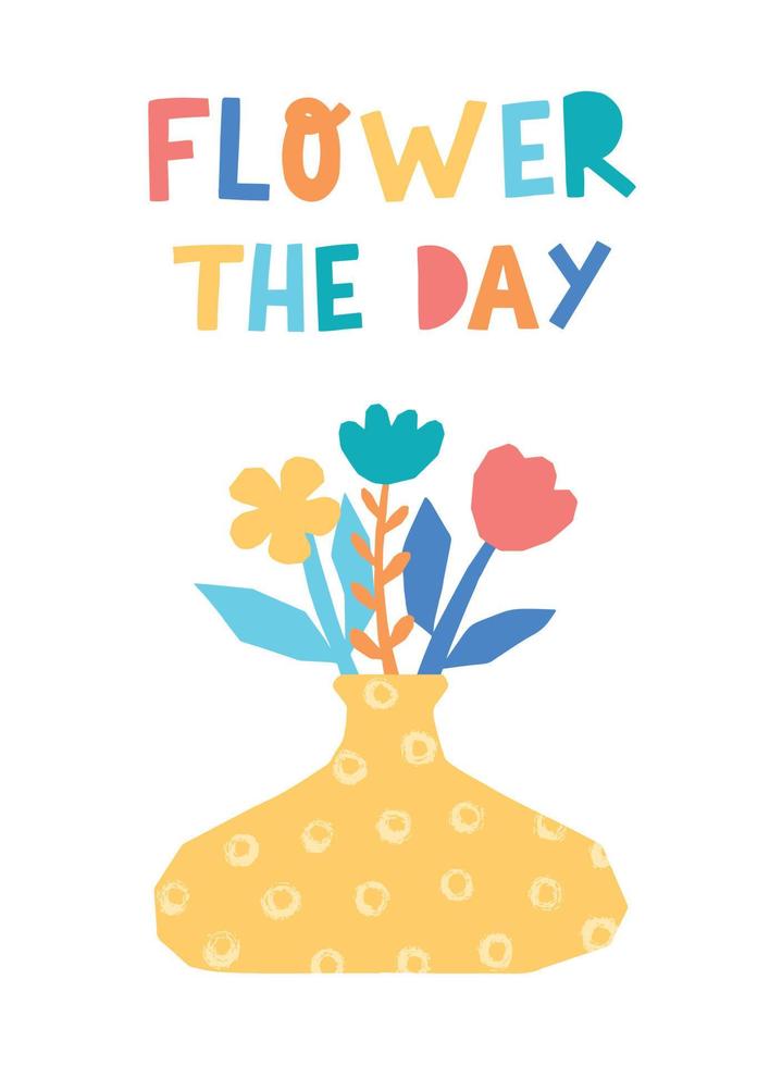 mignonne caractères citation 'fleur le jour' décoré avec fleurs dans vase. de la mère jour, anniversaire salutation carte, affiche, imprimer, fond d'écran décor. eps dix vecteur