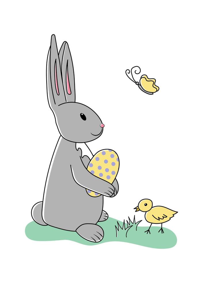 gris Pâques lapin avec moderne décoré œuf, Jaune papillon et poussin sur le vert herbe. isolé illustration sur le blanc Contexte. dessin animé vacances vecteur personnage