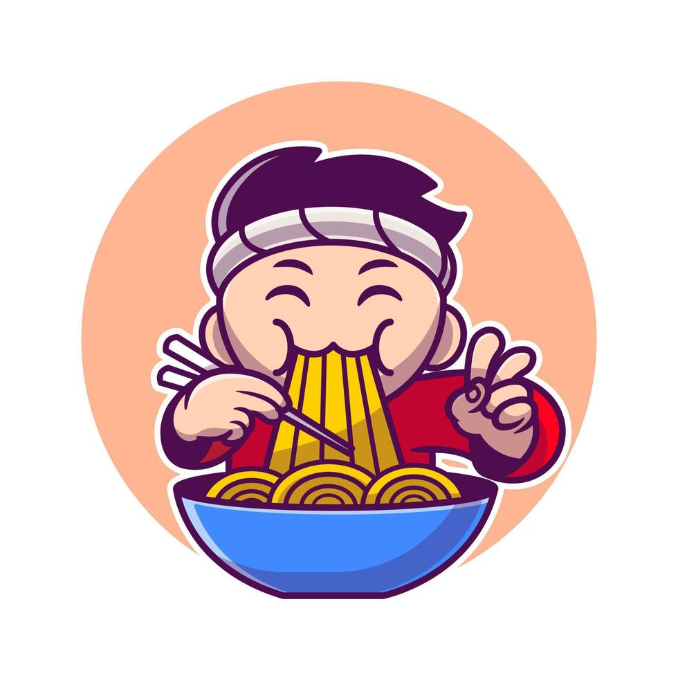 homme en mangeant ramen nouille avec baguettes dessin animé vecteur icône illustration. gens nourriture icône concept isolé prime vecteur. plat dessin animé style
