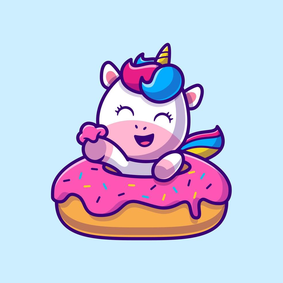 Licorne mignonne mangeant une illustration d'icône de vecteur de dessin animé de beignet. concept d'icône d'aliments pour animaux isolé vecteur premium. style de dessin animé plat