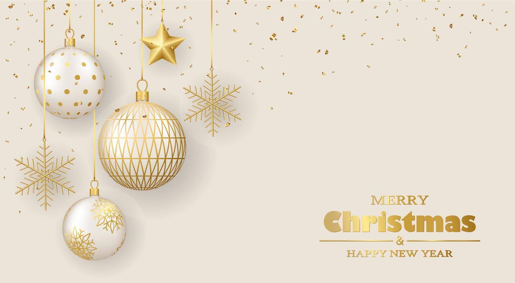joyeux Noël et content Nouveau année salutation carte. 3d réaliste or et blanc verre des balles, étoile et flocons de neige sur rubans. vecteur