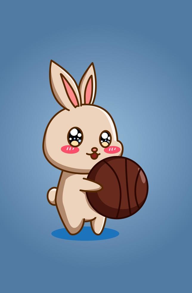 lapin mignon et drôle avec dessin animé animal de basket-ball vecteur