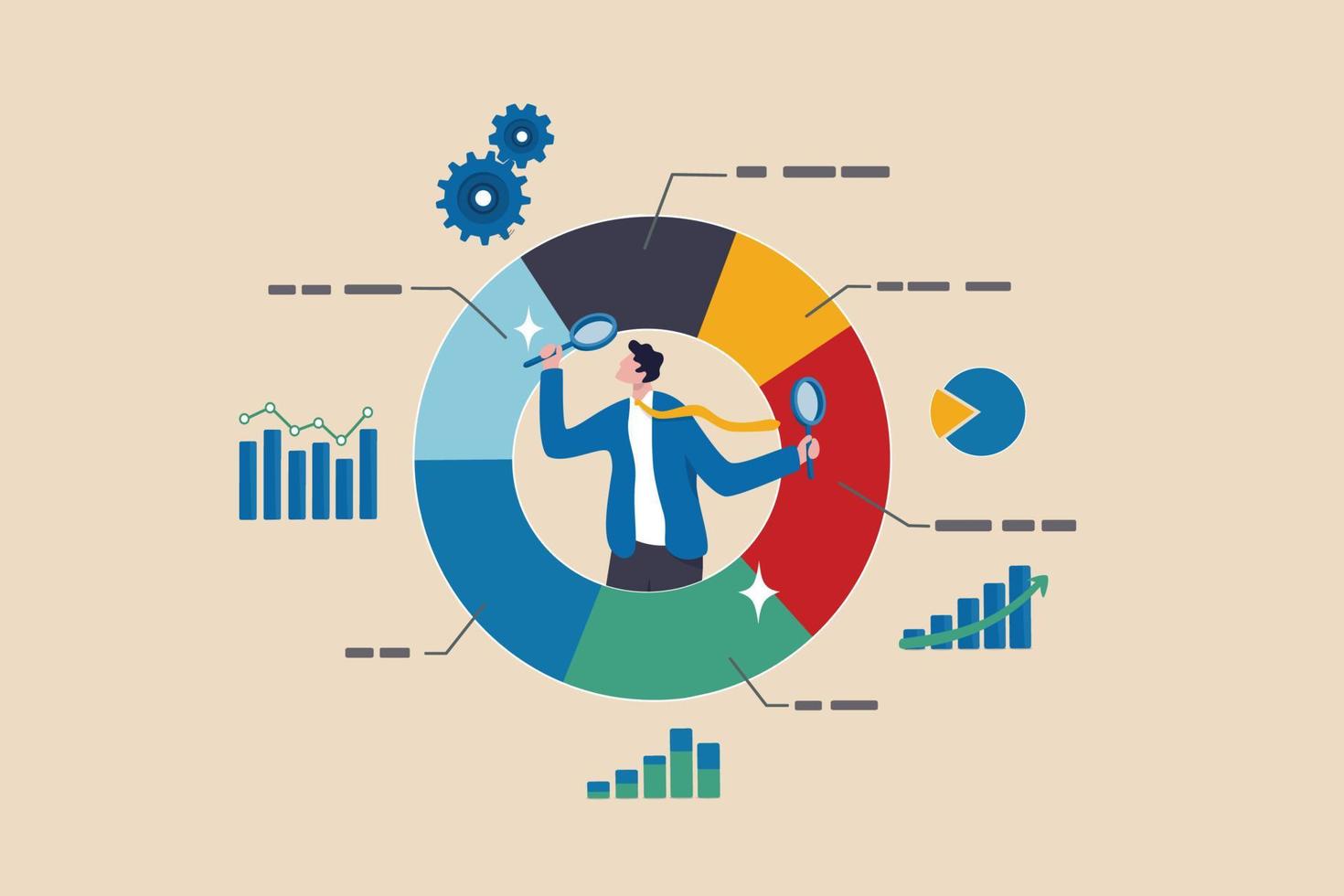 analyser données, financier recherche analytique, Les données analyse, graphique et graphique ou diagramme, base de données rapport ou prédictif visualisation concept, homme d'affaire avec grossissant verre en cours d'analyse tarte graphique données. vecteur