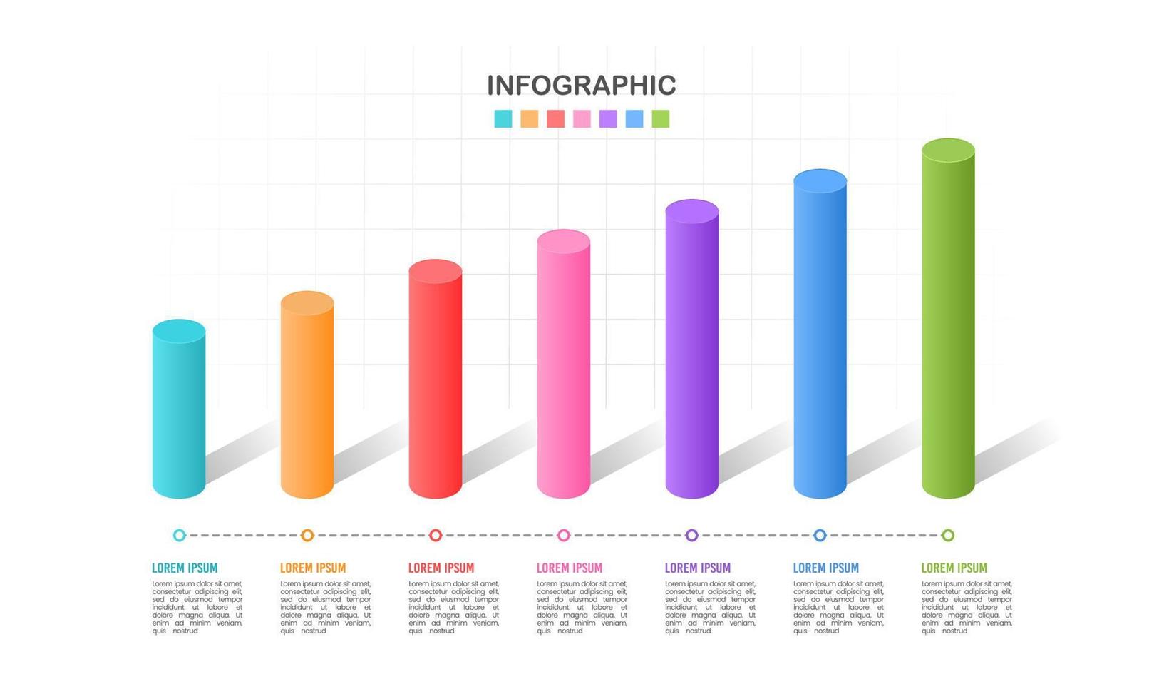 sept bars graphique 3d graphique chronologie affaires statistiques. le rapport, présentation, données, jalon, et infographie. vecteur illustration.