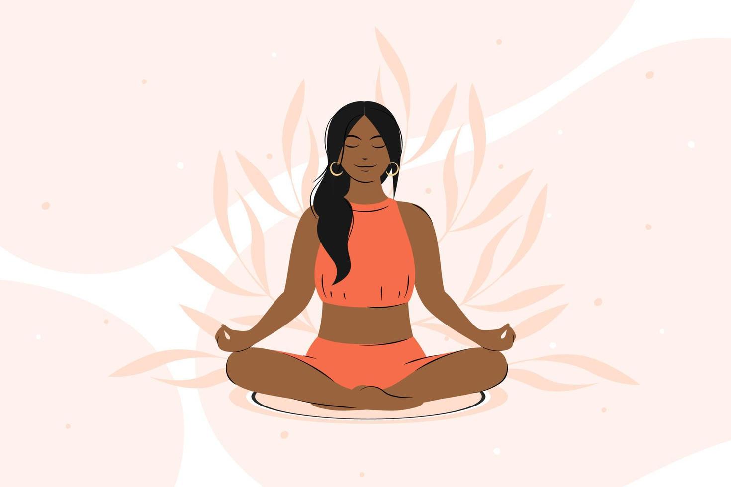 femme avec foncé peau et cheveux méditer, pratiquant yoga. vecteur illustration.