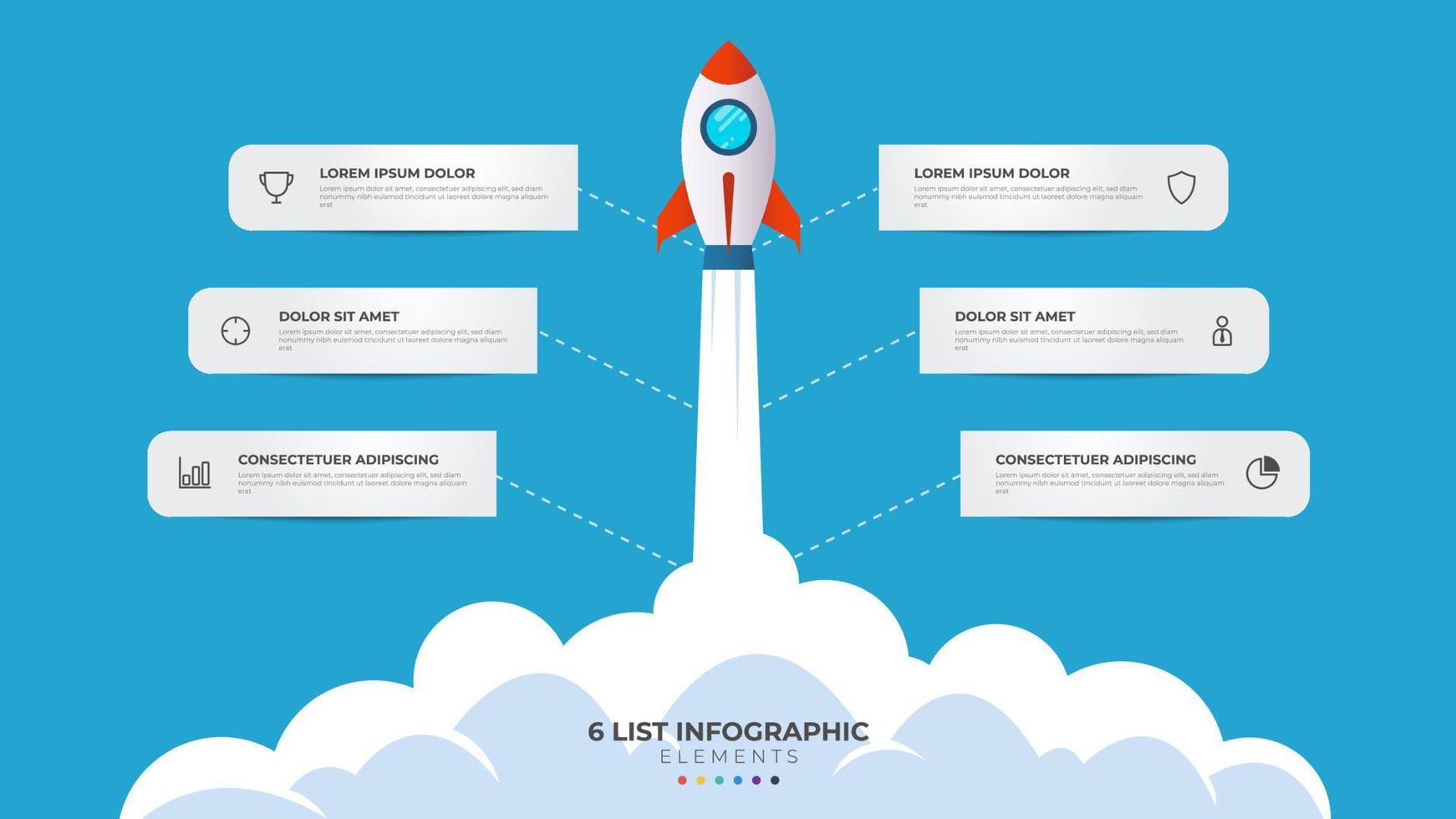 6 liste de pas, disposition diagramme avec escalier niveau séquence, infographie élément modèle avec fusée Commencez lancement illustration vecteur