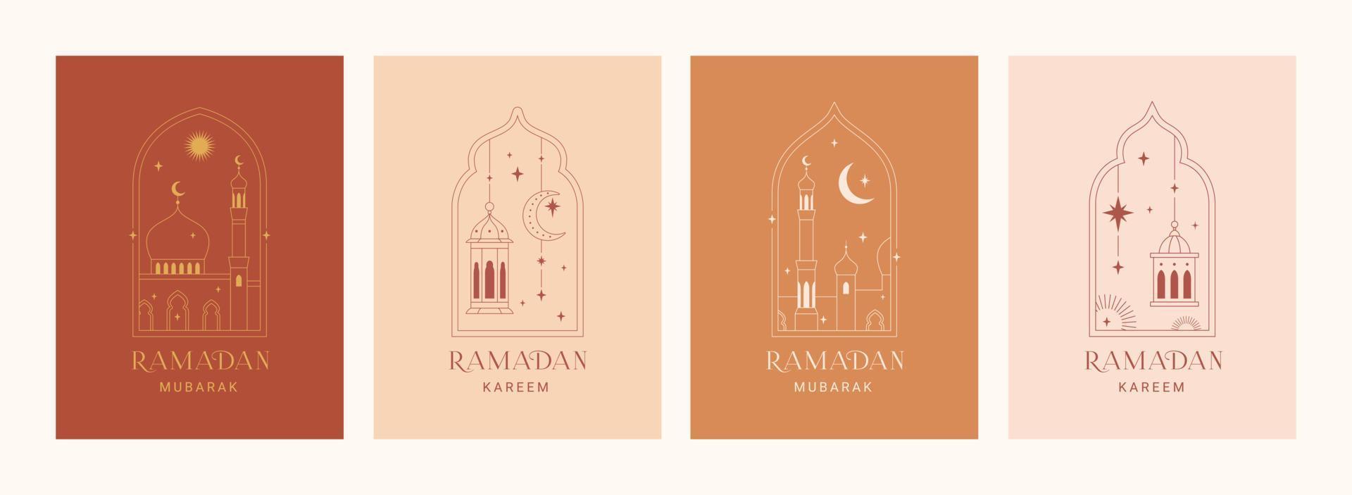 Ramadan kareem carte. ensemble de islamique salutation cartes, bannière modèle, affiches, vacances couverture ensemble. moderne magnifique conception dans branché minimal style. islamique arches et les fenêtres, lune, mosquée, lanternes. vecteur
