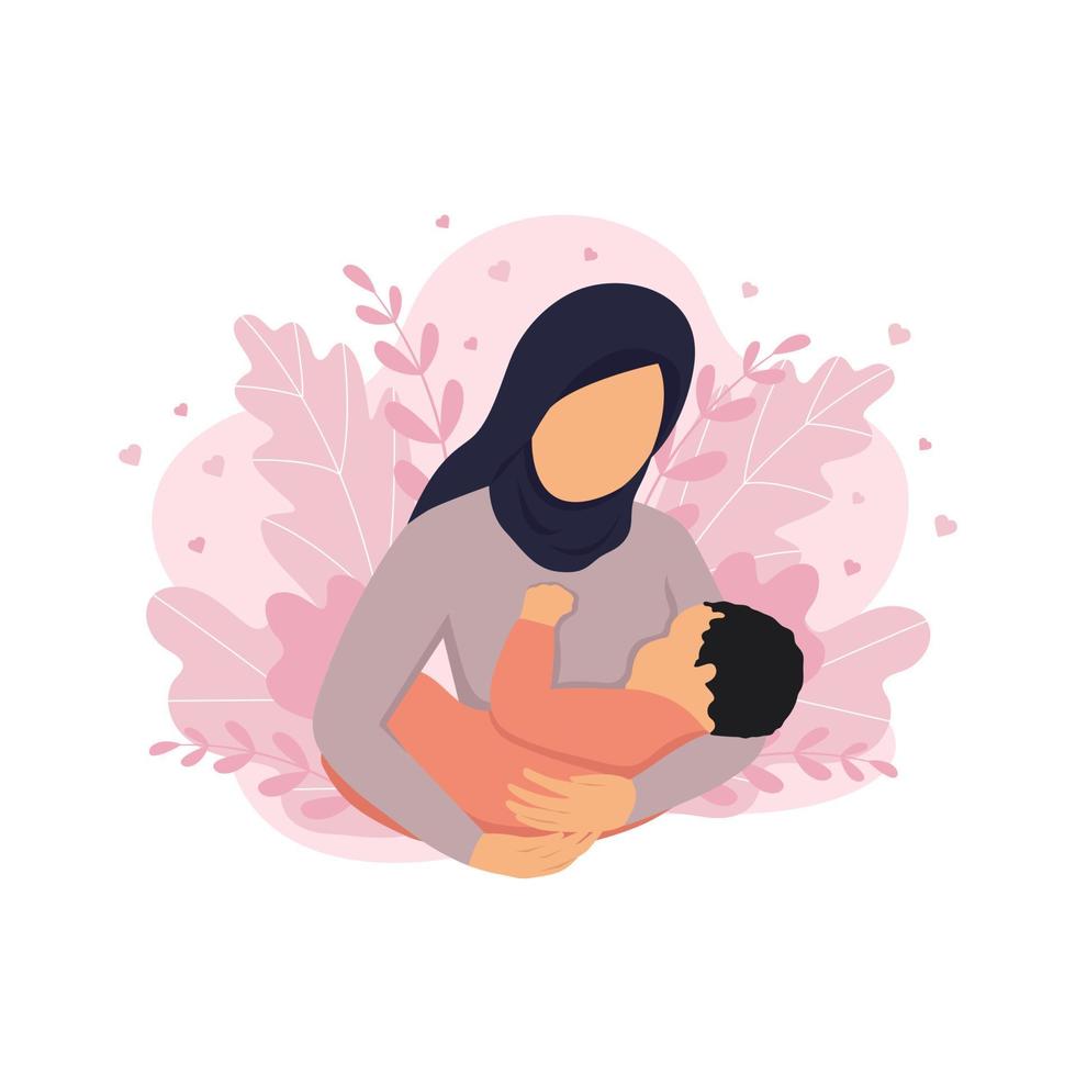 illustration de allaitement maternel, une mère dans une hijab allaite sa bébé contre le Contexte de la nature et feuilles. conceptuel vecteur illustration dans dessin animé style. monde allaitement maternel semaine.