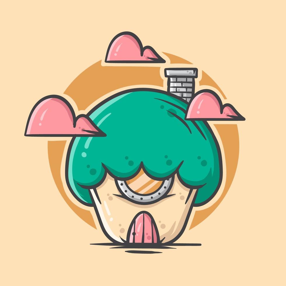 maison de dessin animé mignon champignon vert avec illustration vectorielle de couleur pastel vecteur