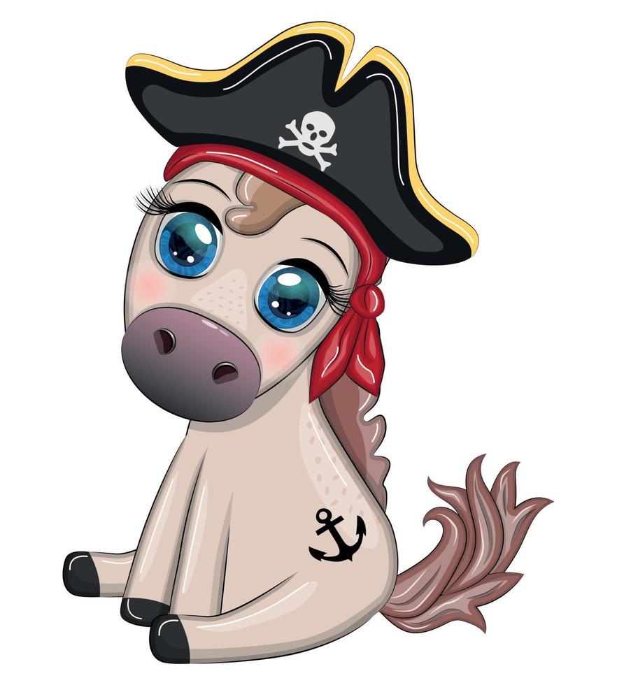 mignonne pirate cheval dans une armé chapeau, avec un œil correctif. enfant personnage, Jeux pour garçon vecteur