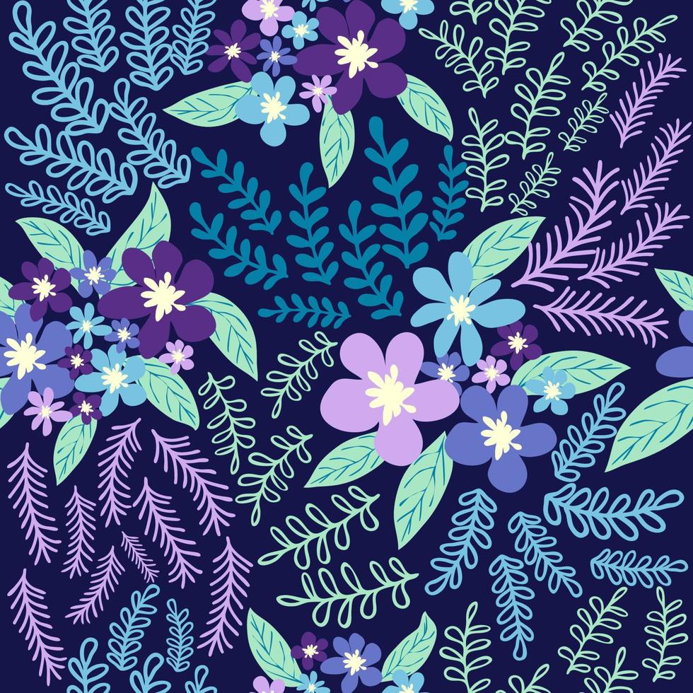 fantaisie sans couture floral modèle avec bleu, Azur, tsman, lavande fleurs et feuilles. élégant modèle pour mode vecteur