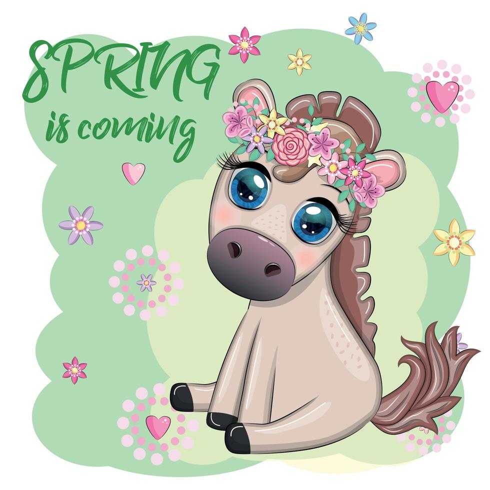 mignonne dessin animé cheval, poney pour carte avec fleurs, printemps est à venir vecteur