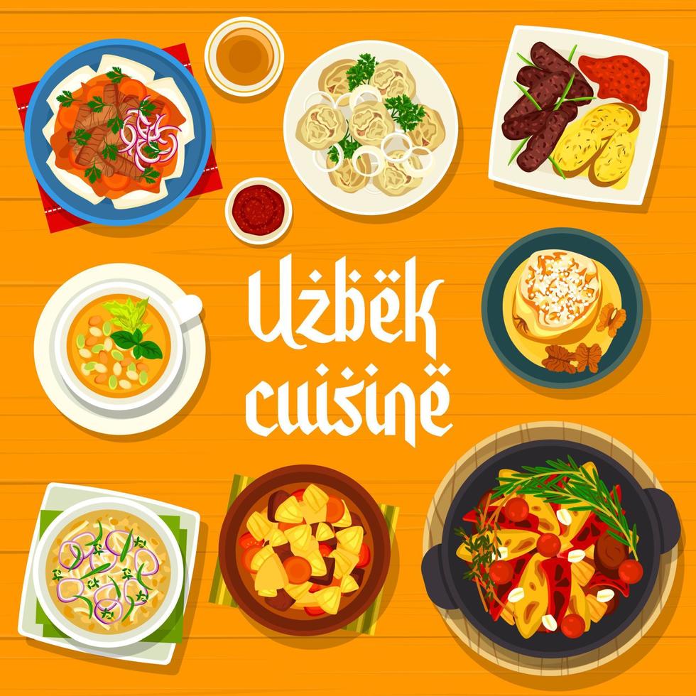 ouzbek cuisine menu couverture, nourriture vaisselle et repas vecteur