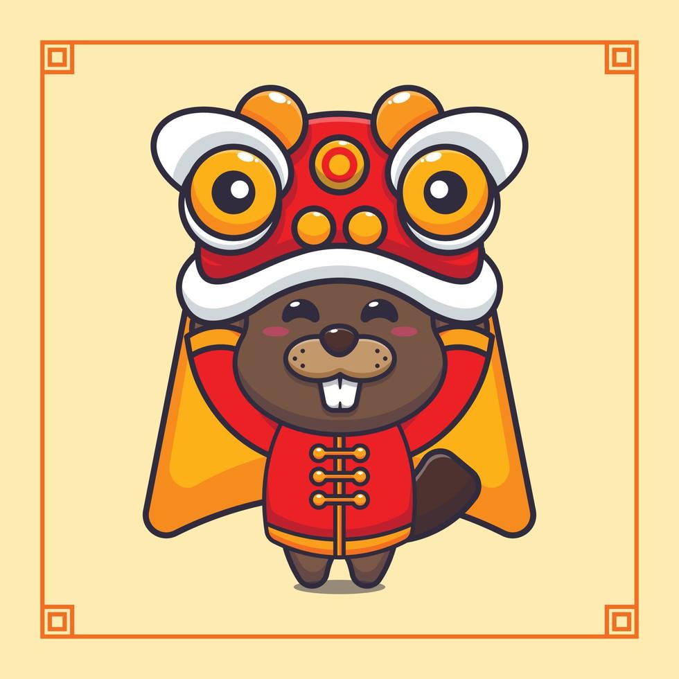 mignonne castor en jouant Lion Danse dans chinois Nouveau an. vecteur