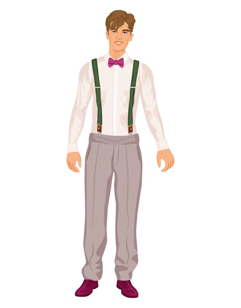 Masculin personnage permanent plein la taille dans blanc chemise et gris pantalon avec bretelles. Beau marié, posant et souriant, isolé sur blanc Contexte. vecteur