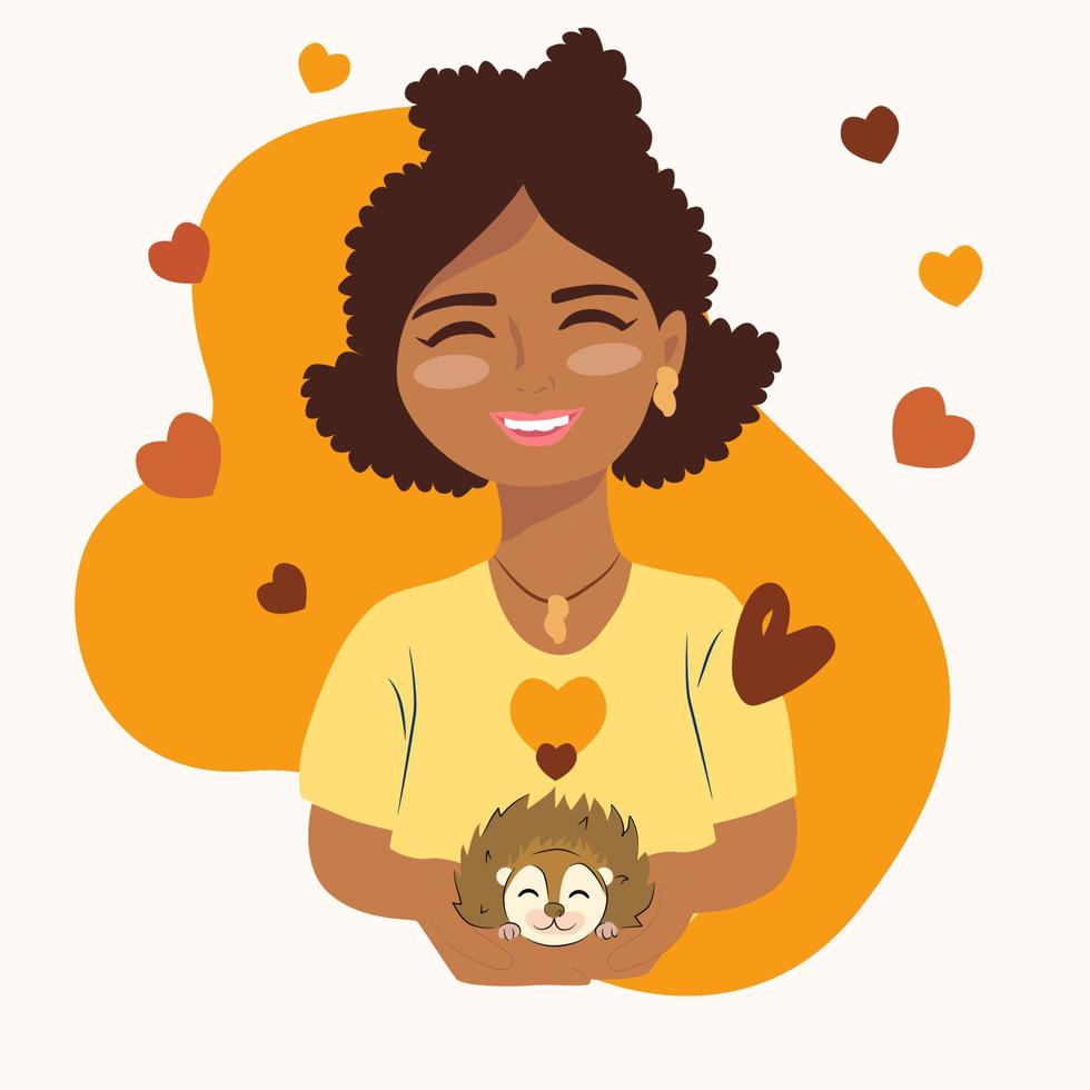 souriant africain fille avec une hérisson. vecteur illustration pour nationale animal de compagnie mois, hérisson journée.