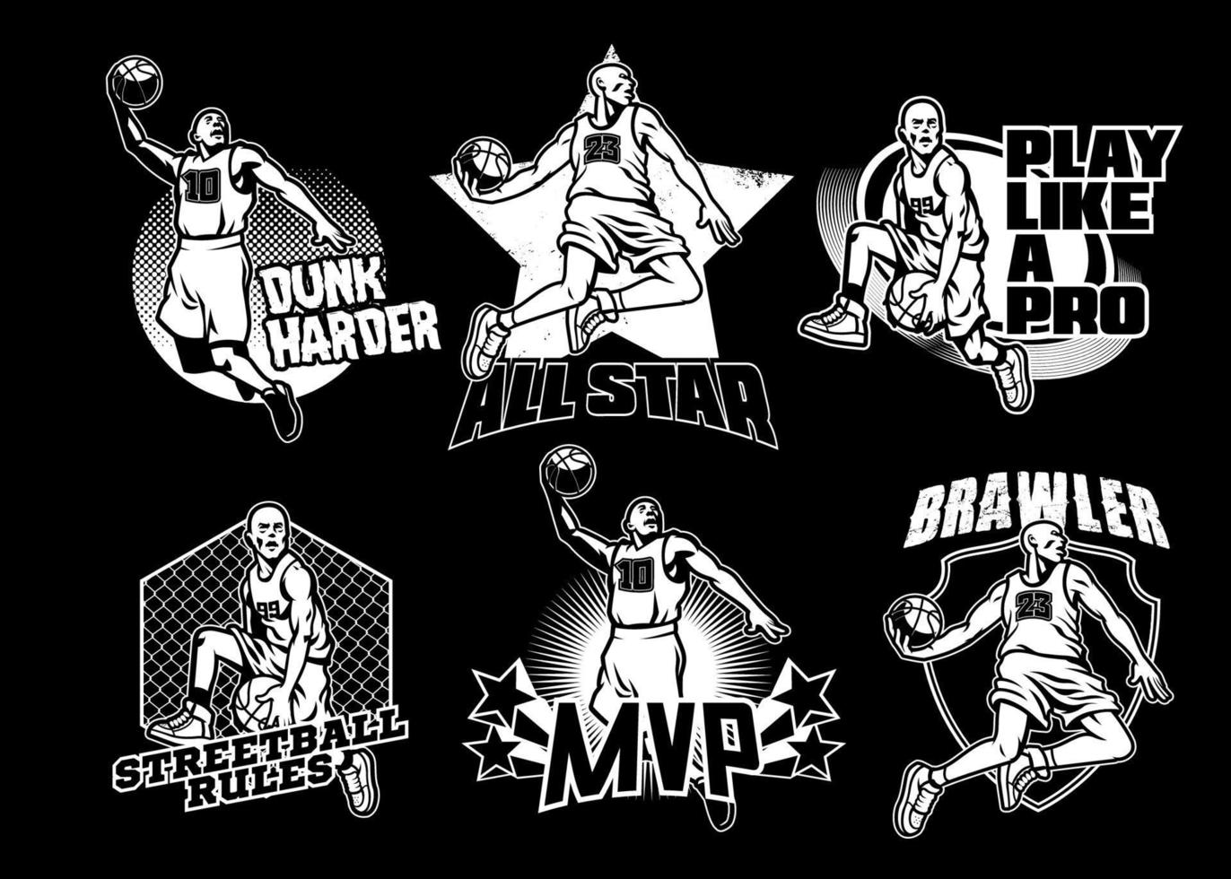 basketball badge collection dans noir et blanc vecteur