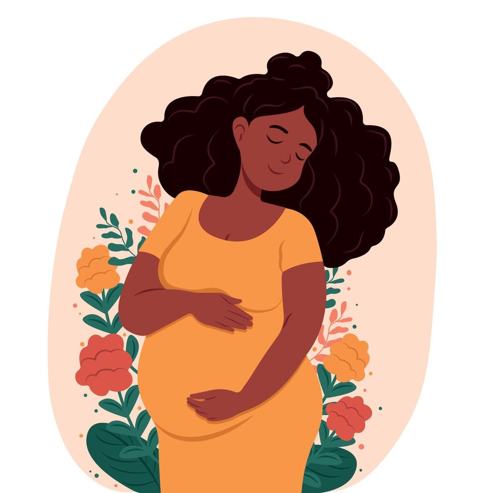 en bonne santé grossesse. magnifique Enceinte noir femme câlins sa ventre. le concept de grossesse et maternité. en bonne santé grossesse. vecteur plat illustration.