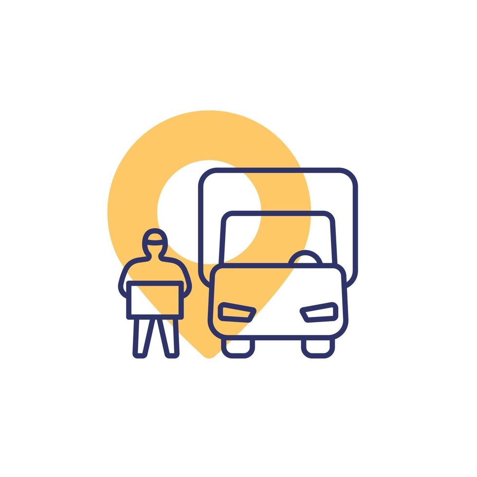 icône de la ligne de livraison, van et travailleur avec boîte vecteur