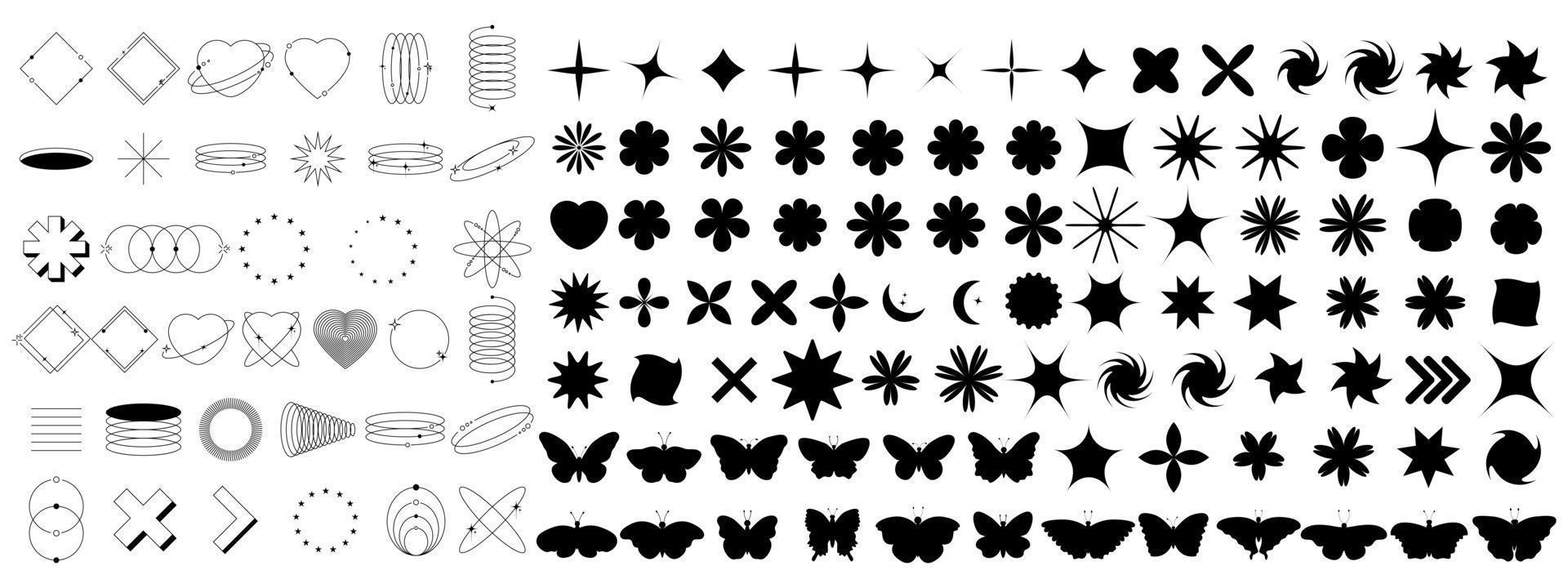 ensemble de géométrique éléments dans branché rétro style. 00s y2k esthétique. moderne minimaliste cambre Cadre avec scintille. branché conception éléments pour bannières, social médias, affiche conception, emballage. vecteur