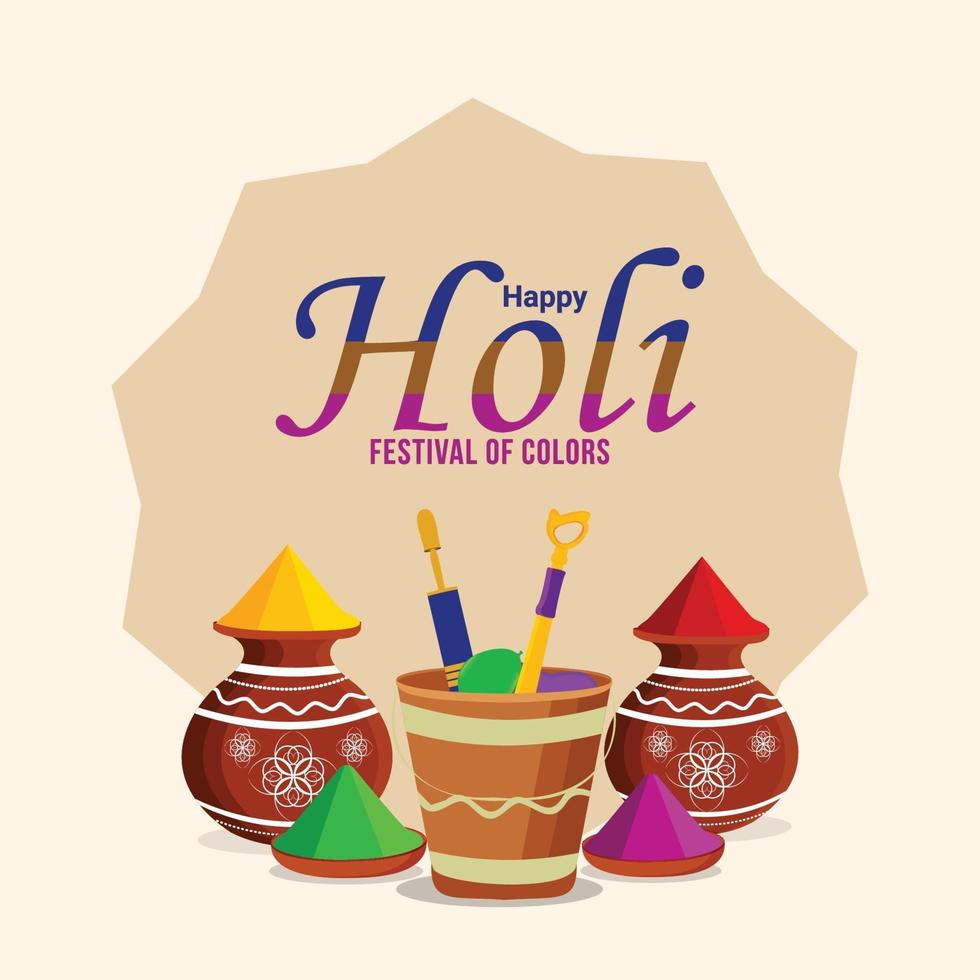 joyeux festival hindou holi avec seau de couleur et pistolet de couleur vecteur