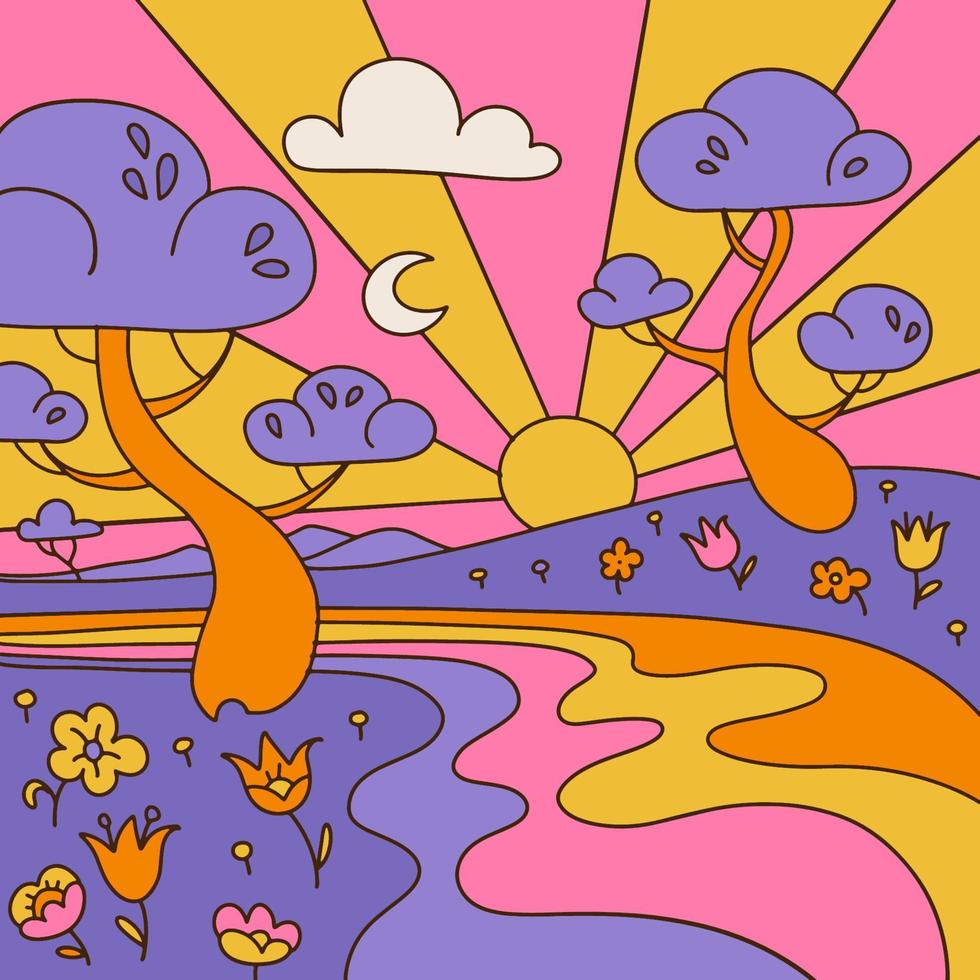 sensationnel paysage Contexte avec abstrait des arbres, fleurs et rivière, rétro vagues agrafe art. carte postale dessins avec coloré abstrait la nature. vecteur contour main tiré illustration dans Années 70 hippie style.